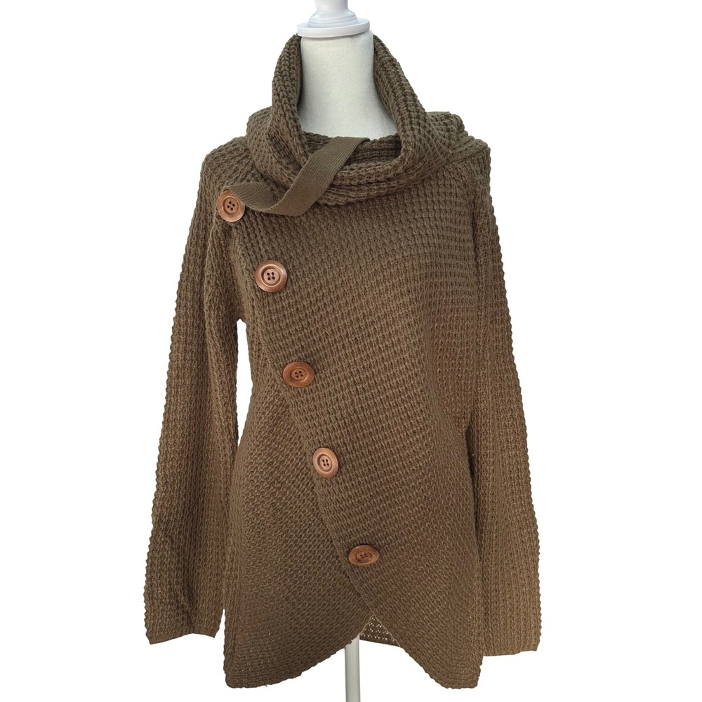 Grecerelle Pullover Waffle Knit Cowl Neck Sweater Women's M Brown Long‎ Sleeve